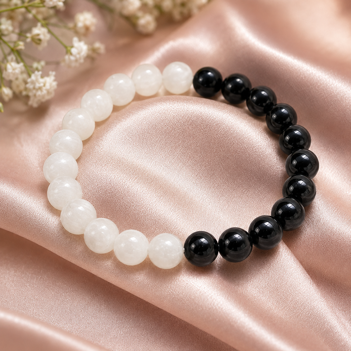 Yin Yang Balance Crystal Bracelet, Selenite, Black Tourmaline Crystal Healing Spiritual Support Balance