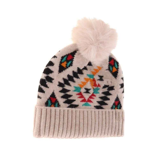 KIDS Aztec Patterned Faux Fur Pom C.C Beanie