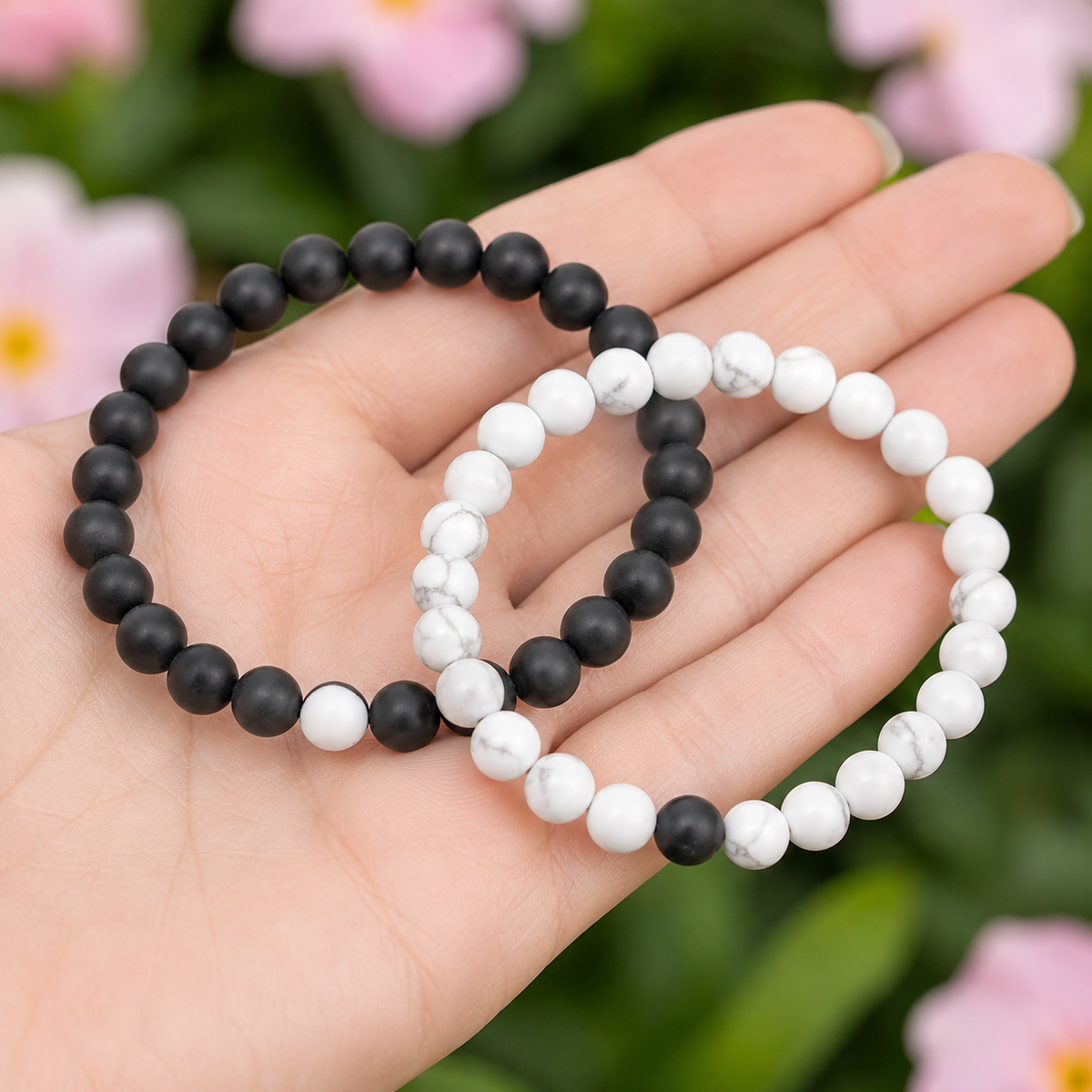 Black Onyx Matt Howlite Couple Bracelets, Anniversary Gift (Confidence and Balance)
