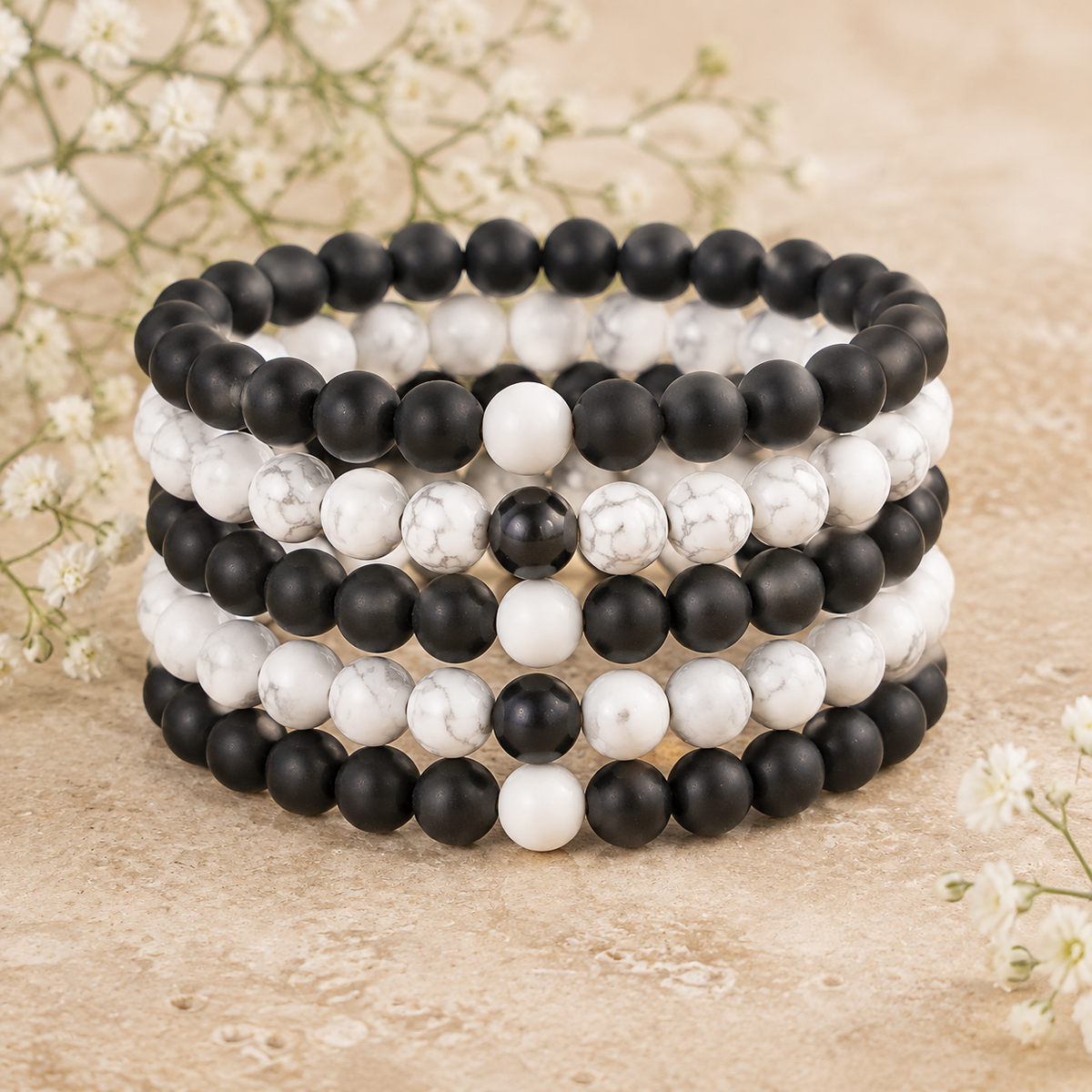 Black Onyx Matt Howlite Couple Bracelets, Anniversary Gift (Confidence and Balance)