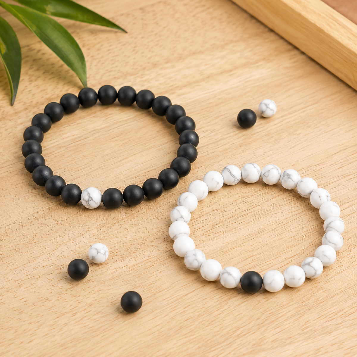 Black Onyx Matt Howlite Couple Bracelets, Anniversary Gift (Confidence and Balance)