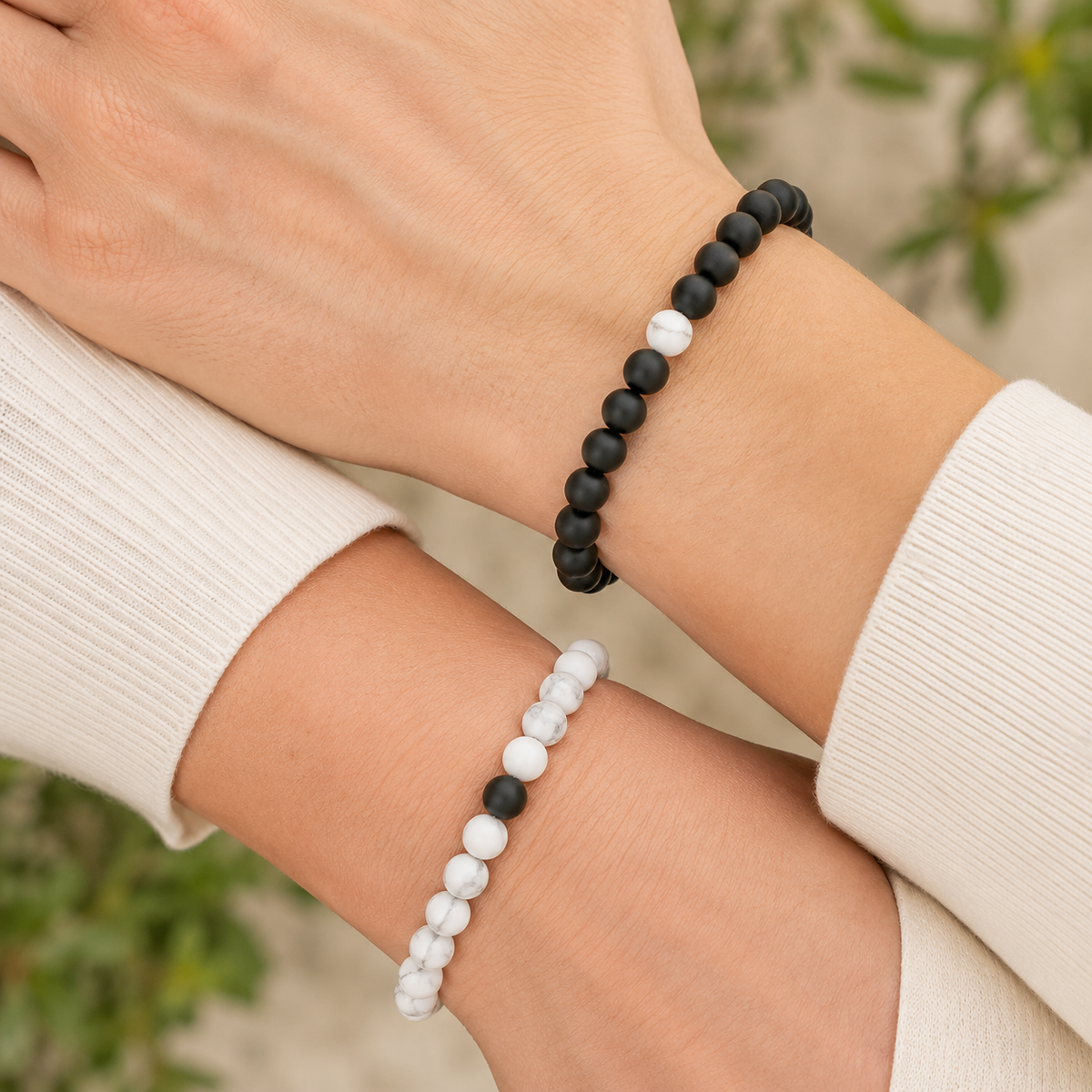 Black Onyx Matt Howlite Couple Bracelets, Anniversary Gift (Confidence and Balance)