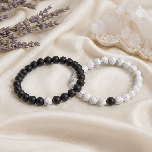 Black Onyx Matt Howlite Couple Bracelets, Anniversary Gift (Confidence and Balance)