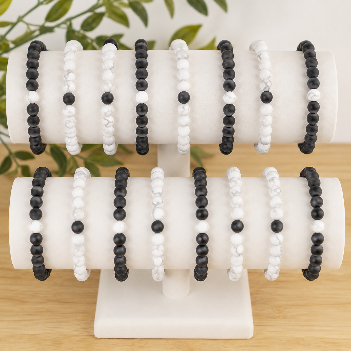 Black Onyx Matt Howlite Couple Bracelets, Anniversary Gift (Confidence and Balance)