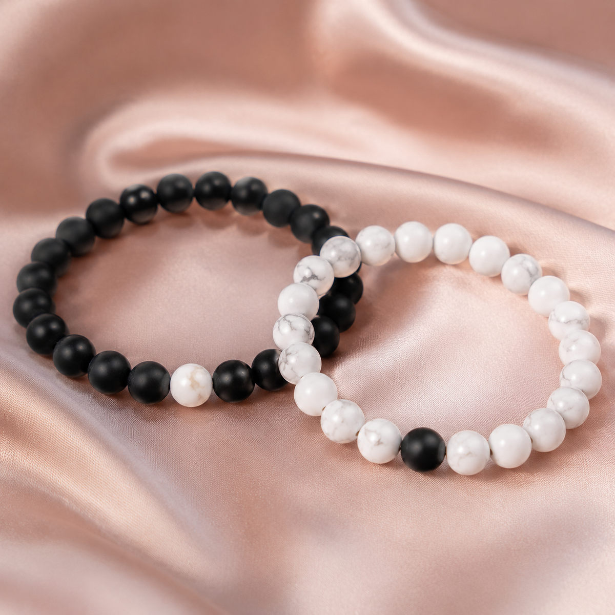 Black Onyx Matt Howlite Couple Bracelets, Anniversary Gift (Confidence and Balance)