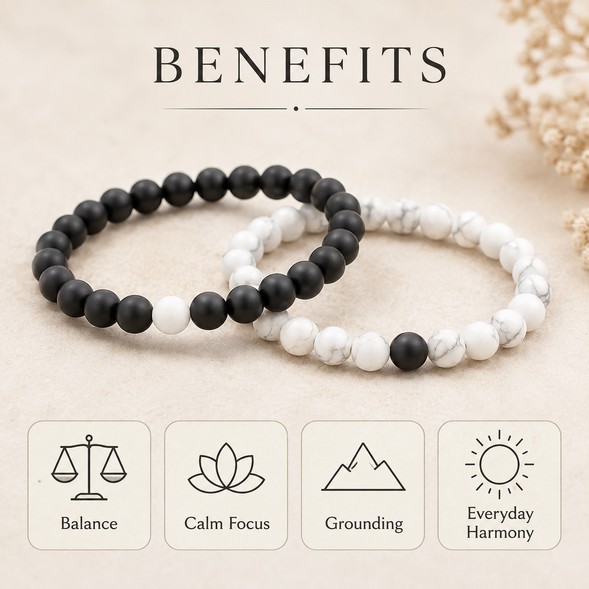 Black Onyx Matt Howlite Couple Bracelets, Anniversary Gift (Confidence and Balance)