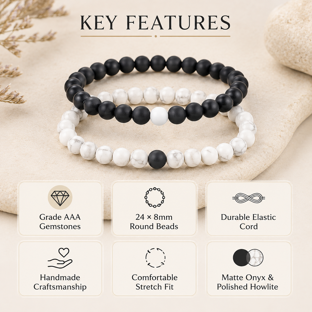 Black Onyx Matt Howlite Couple Bracelets, Anniversary Gift (Confidence and Balance)