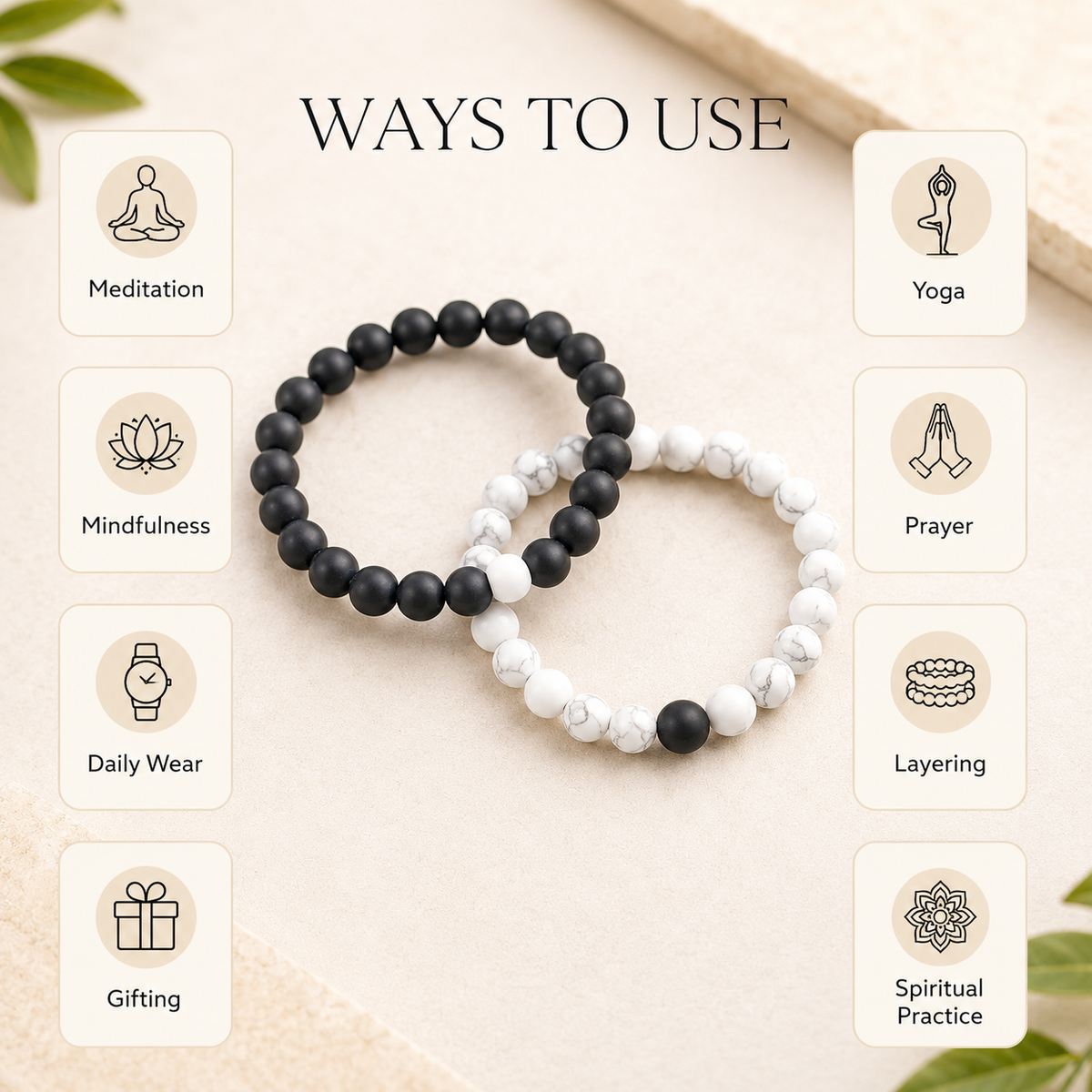 Black Onyx Matt Howlite Couple Bracelets, Anniversary Gift (Confidence and Balance)