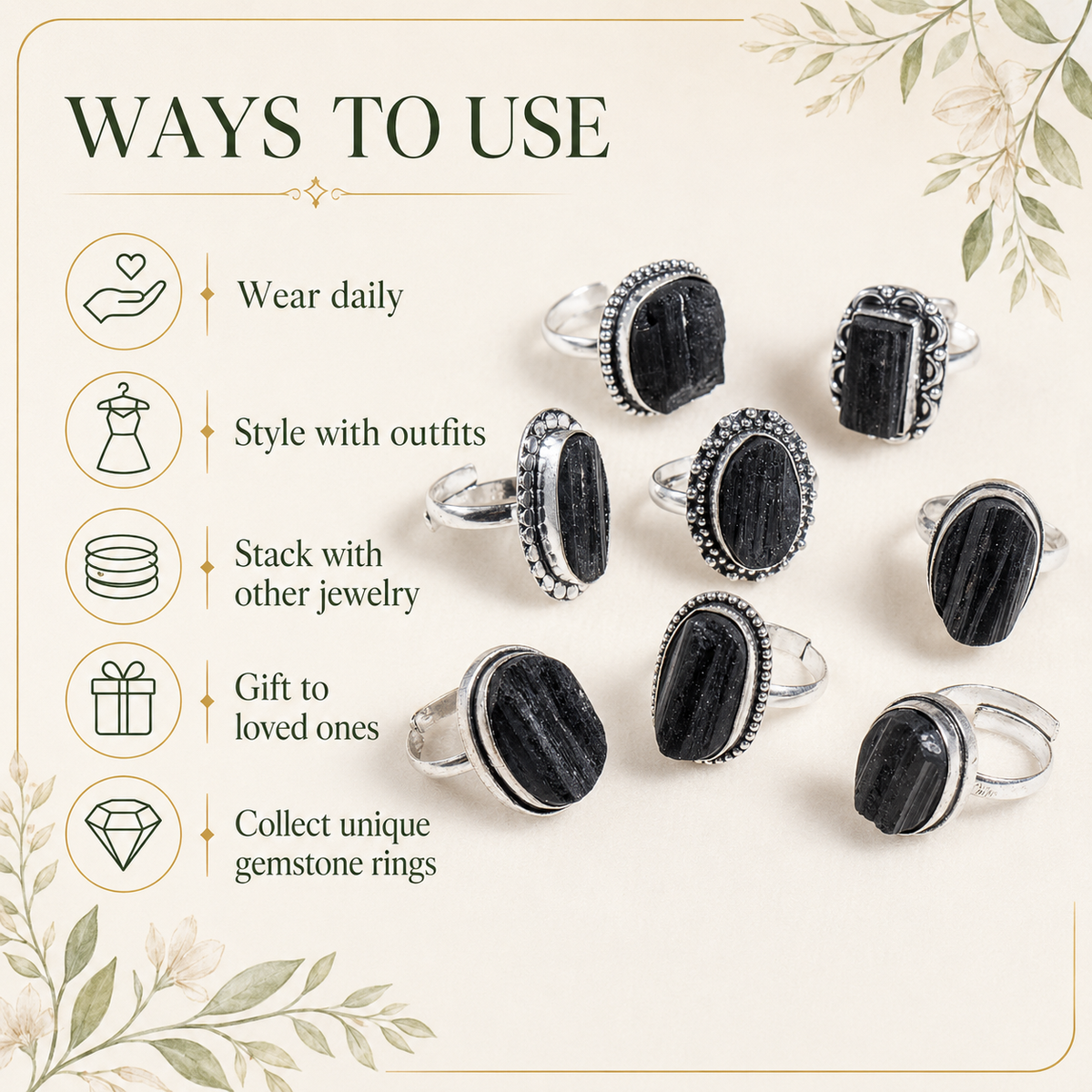 Black tourmaline rings – Gemstone rings Natural Crystal Healing Jewelry Collection