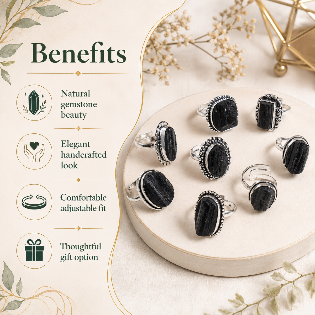 Black tourmaline rings – Gemstone rings Natural Crystal Healing Jewelry Collection