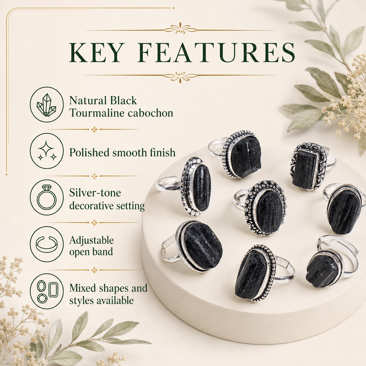 Black tourmaline rings – Gemstone rings Natural Crystal Healing Jewelry Collection