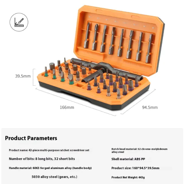 42-in-1 Multi-Purpose Ratchet Screwdriver Set, S2 Alloy Steel, with Case - 888