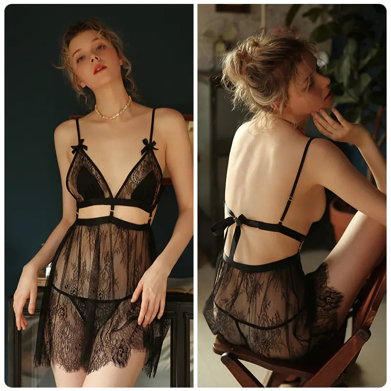Lace Trim Sleepwear with Sheer Back Tie Nightgown - Lingerie
