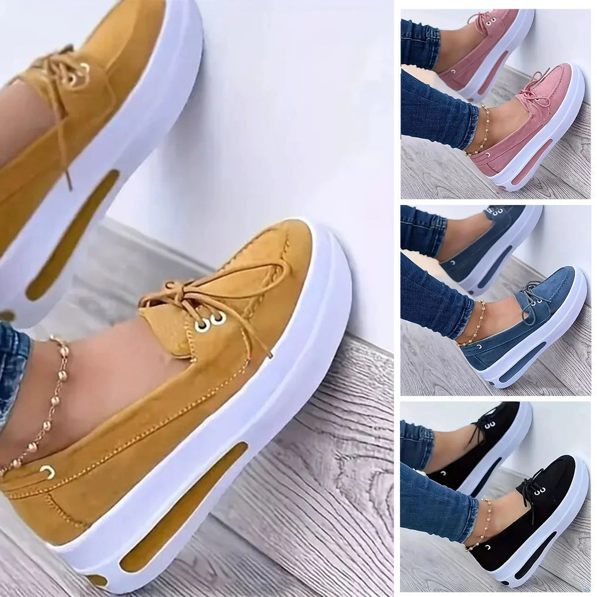 Women Block Shoes Slip On Closed Toe Platform Flat Wedge Casual Lace Up Sneakers