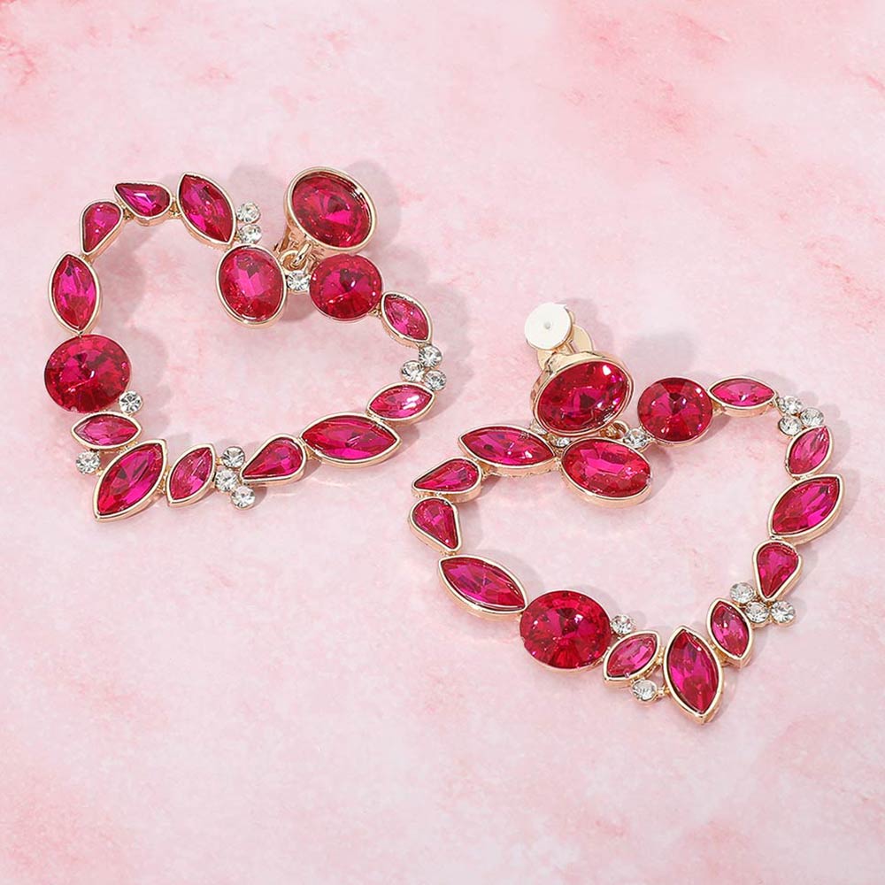 Oval Marquise Teardrop Stone Cluster Open Heart Drop Evening Statement Earrings