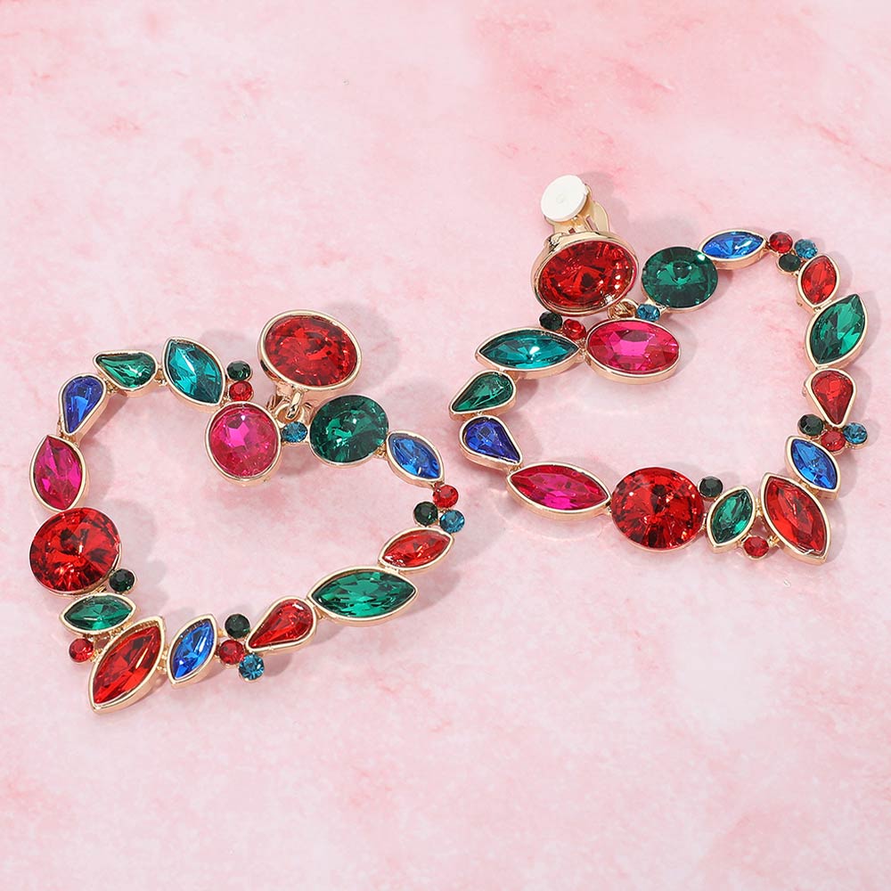 Oval Marquise Teardrop Stone Cluster Open Heart Drop Evening Statement Earrings