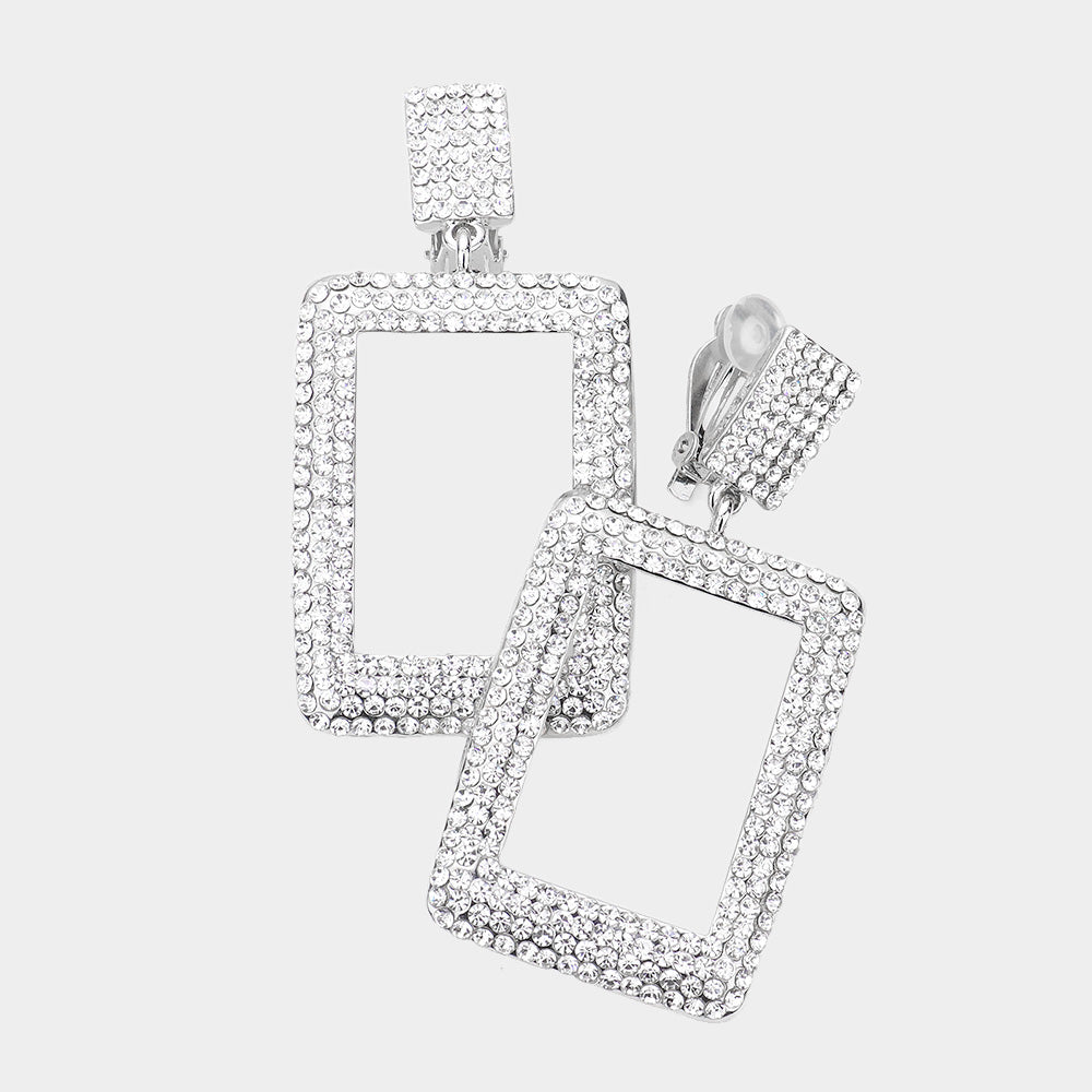 Rhinestone Embellished Open Rectangle Dangle Evening Earrings