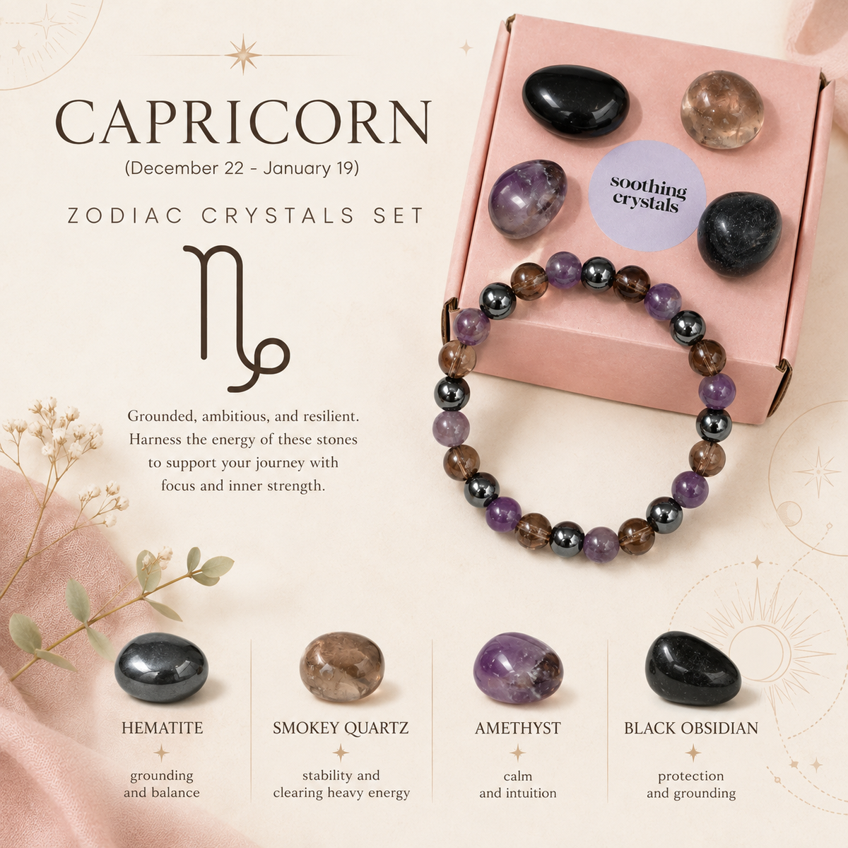 CAPRICORN Zodiac Crystal Kit, Capricorn Birthstones Tumbled Stone Set, Capricorn Gifts