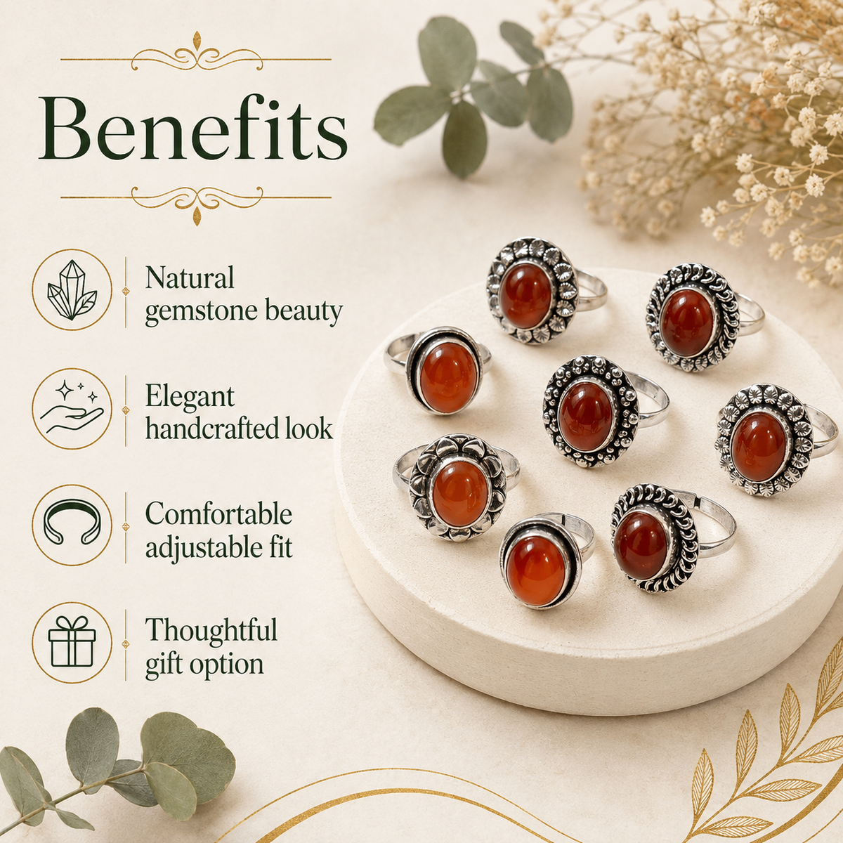 Carnelian rings – Gemstone rings Natural Crystal Healing Jewelry Collection