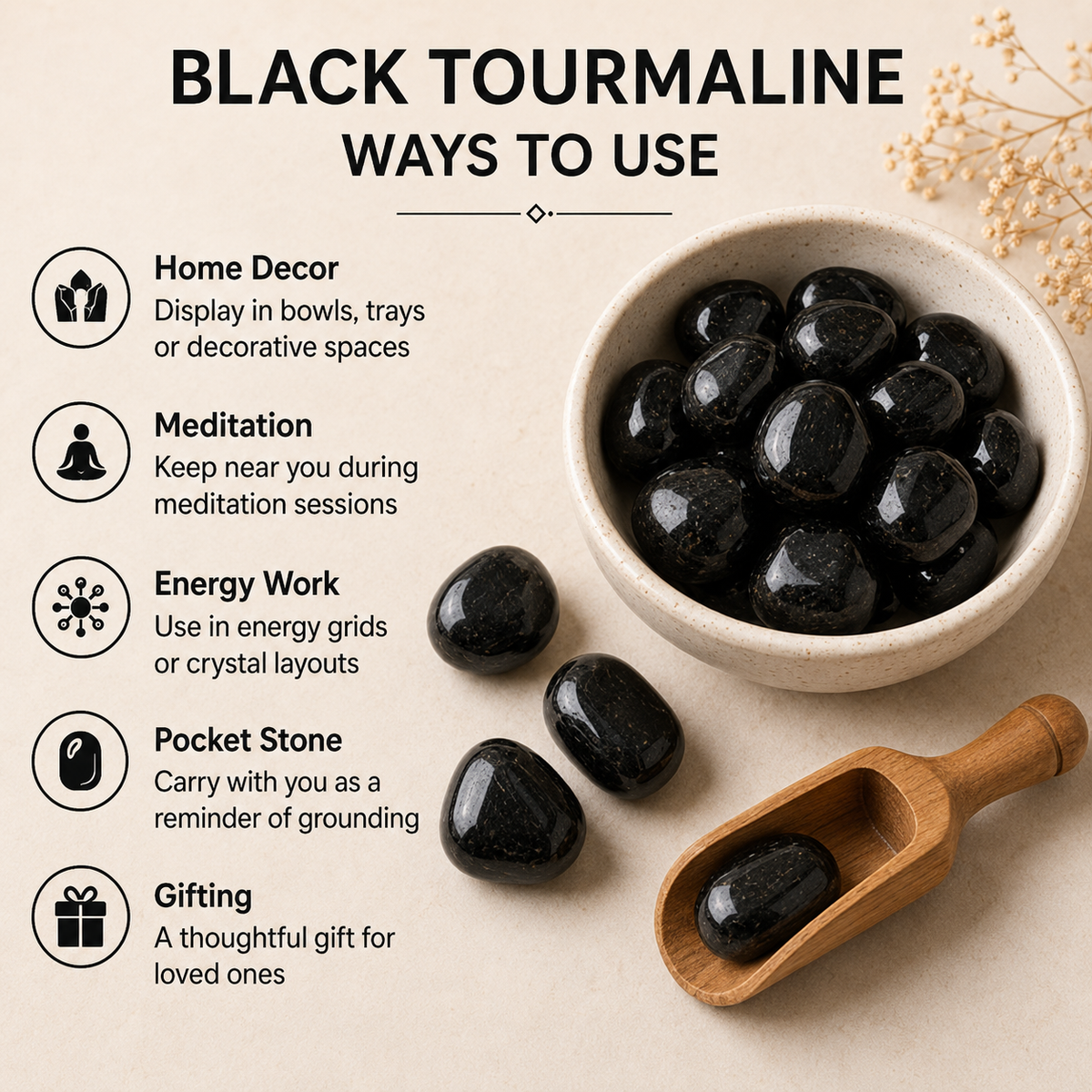 Black Tourmaline Tumbled Crystals (Strength and Protection)