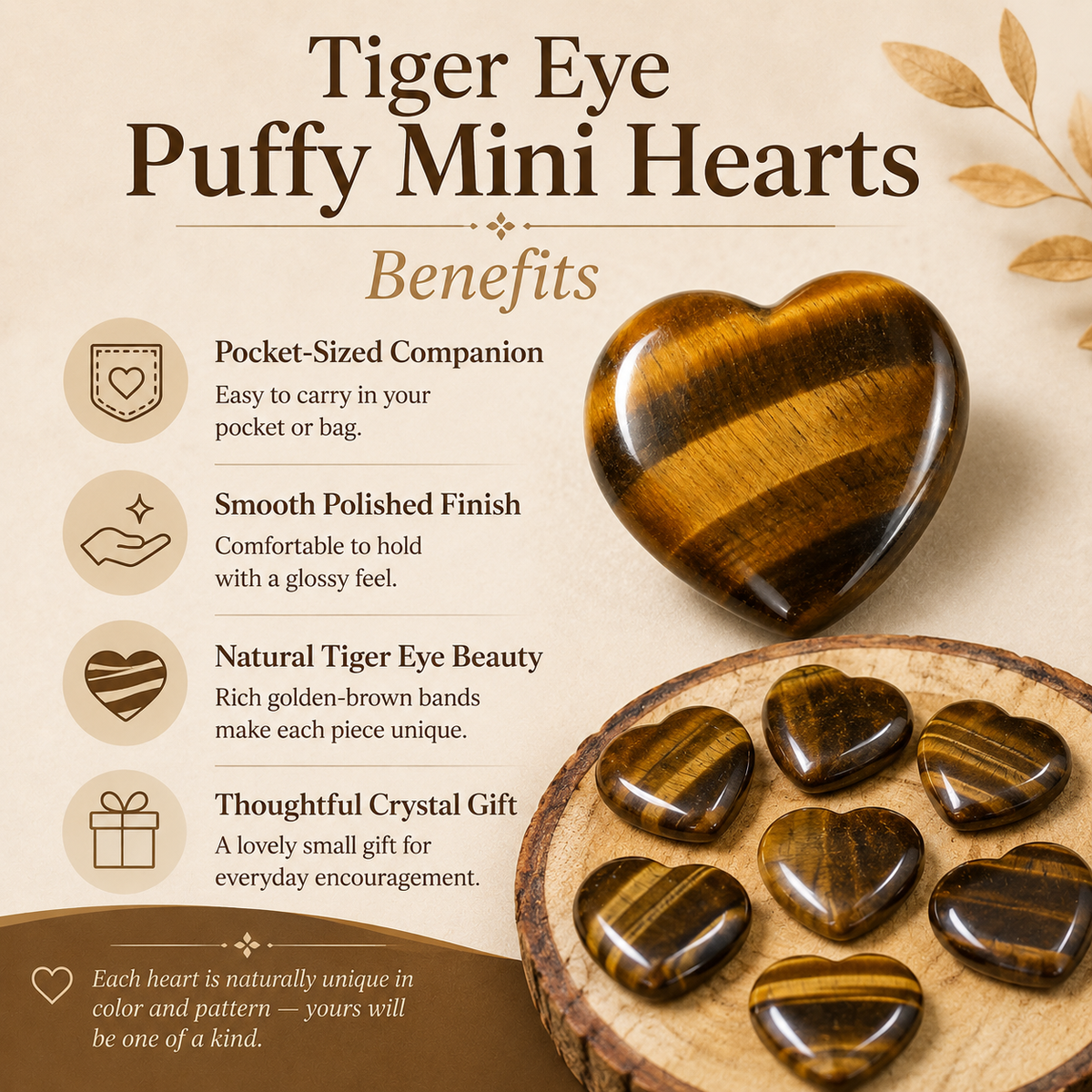 Tiger Eye Heart Crystal, Puffy Mini 1 Inch Pocket Crystal Heart