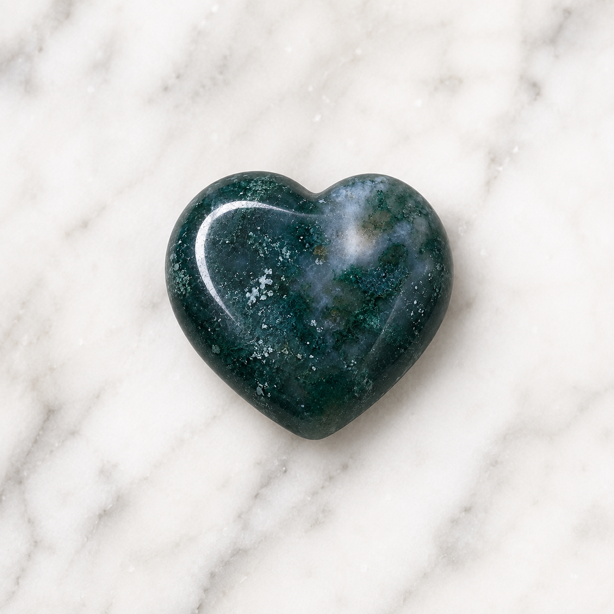 Moss Agate Heart Crystal, Puffy Mini 1 Inch Pocket Crystal Heart.