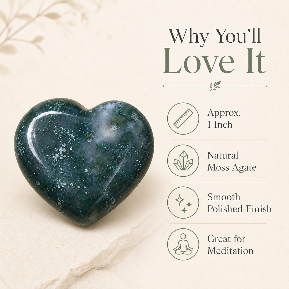 Moss Agate Heart Crystal, Puffy Mini 1 Inch Pocket Crystal Heart.
