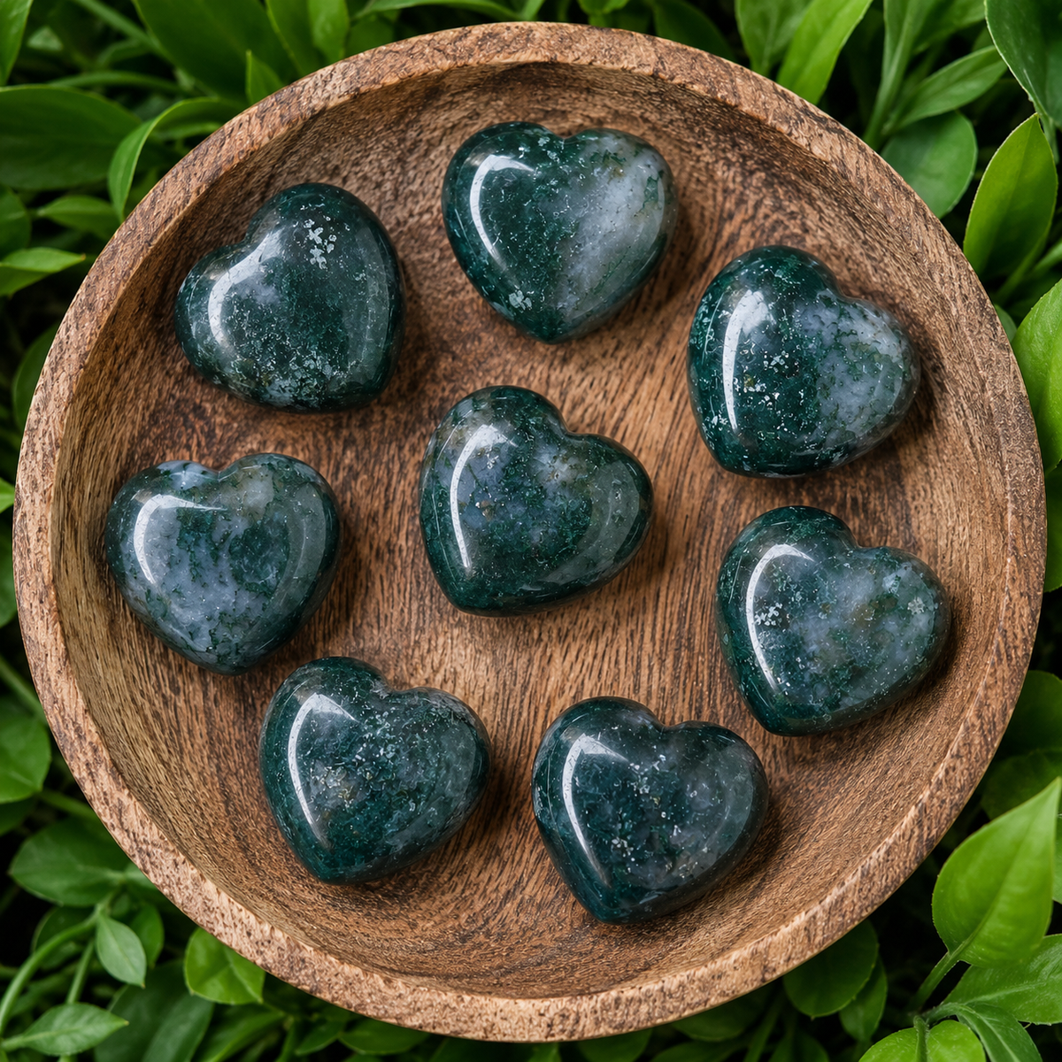 Moss Agate Heart Crystal, Puffy Mini 1 Inch Pocket Crystal Heart.