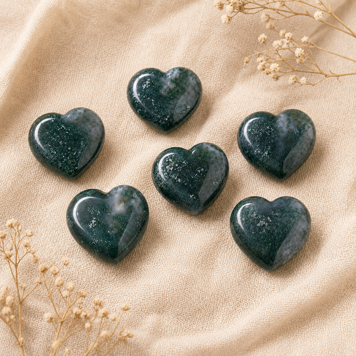 Moss Agate Heart Crystal, Puffy Mini 1 Inch Pocket Crystal Heart.
