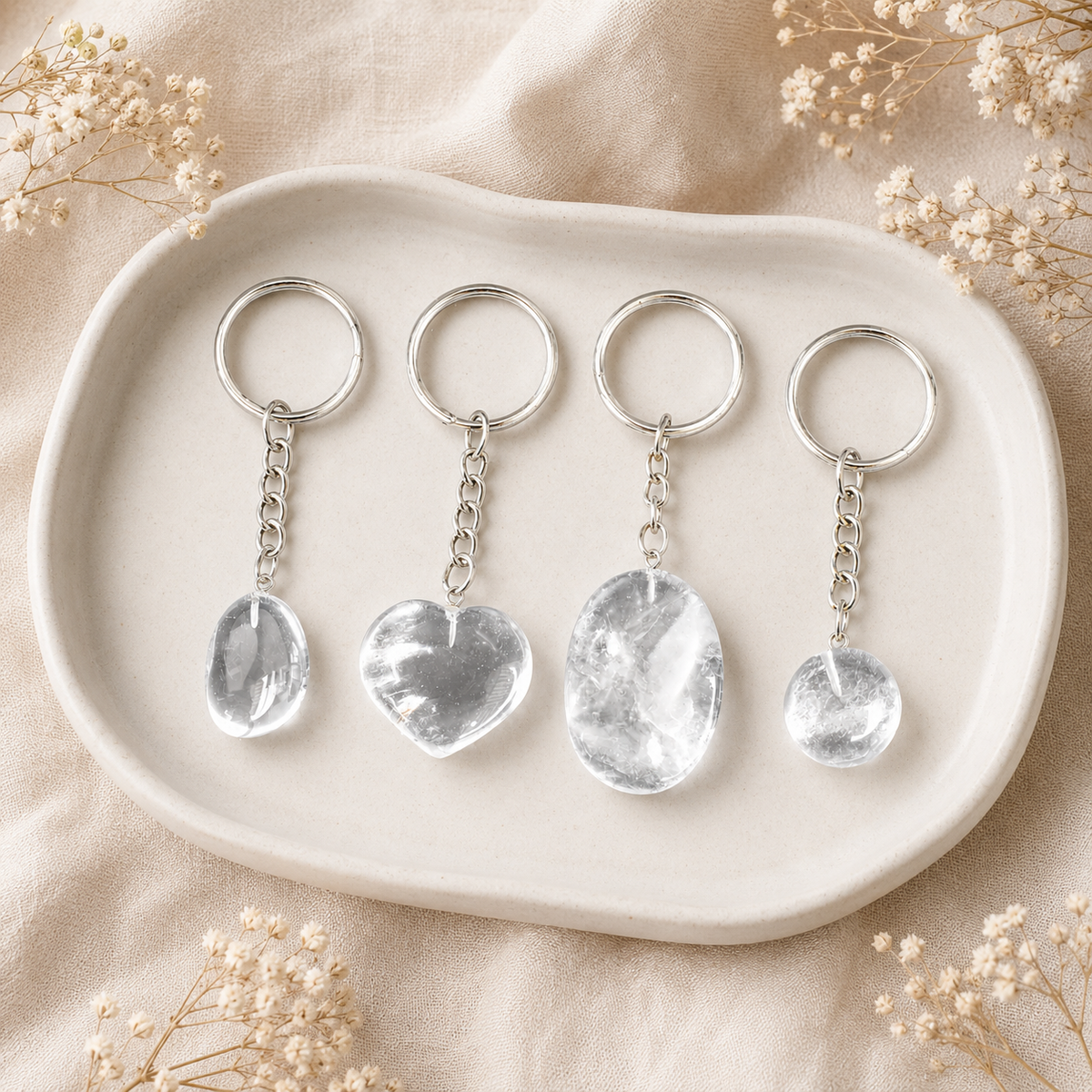 Crystal Quartz Key Chain, Gemstone Keychain Crystal Key Ring (Dreams and Enhancing)