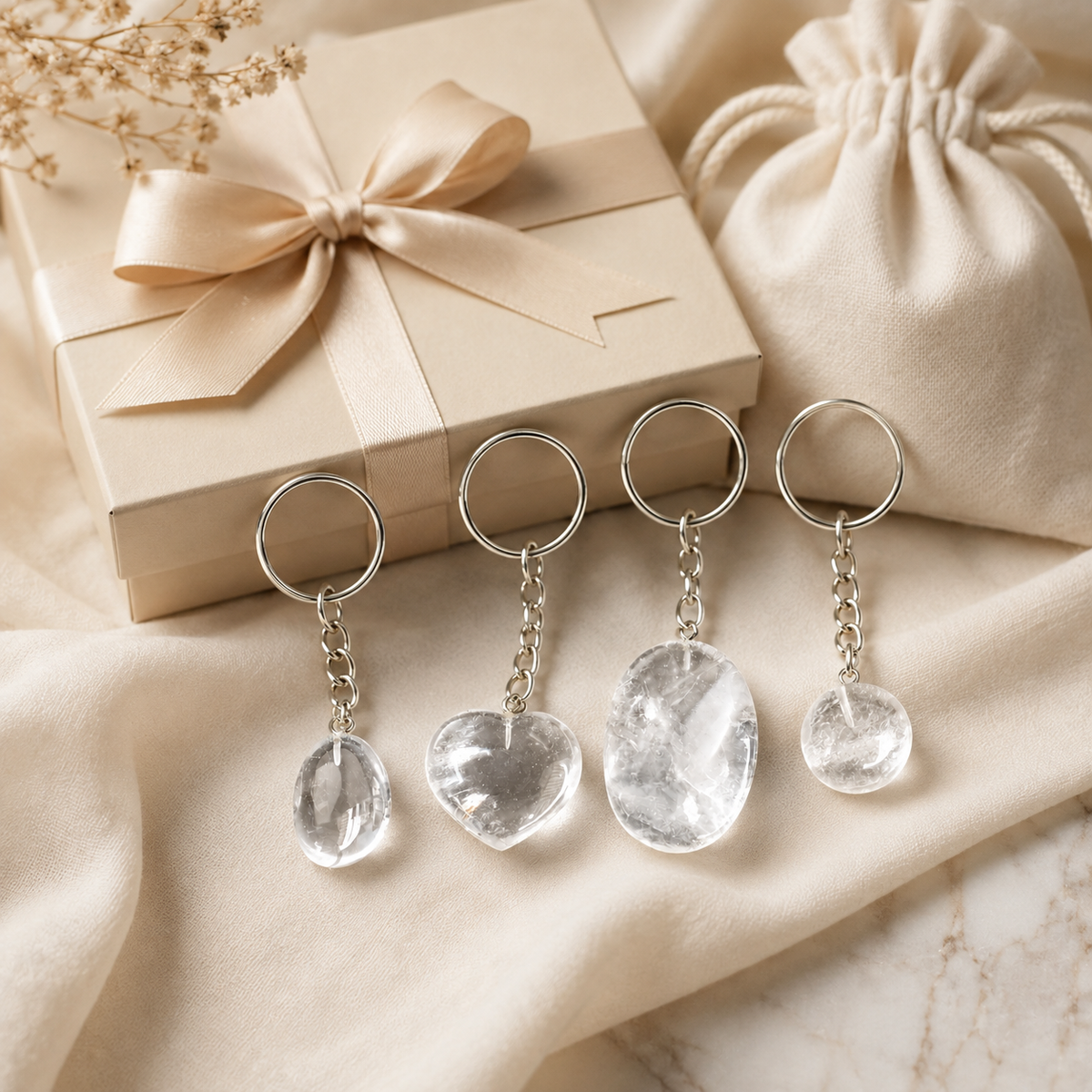 Crystal Quartz Key Chain, Gemstone Keychain Crystal Key Ring (Dreams and Enhancing)