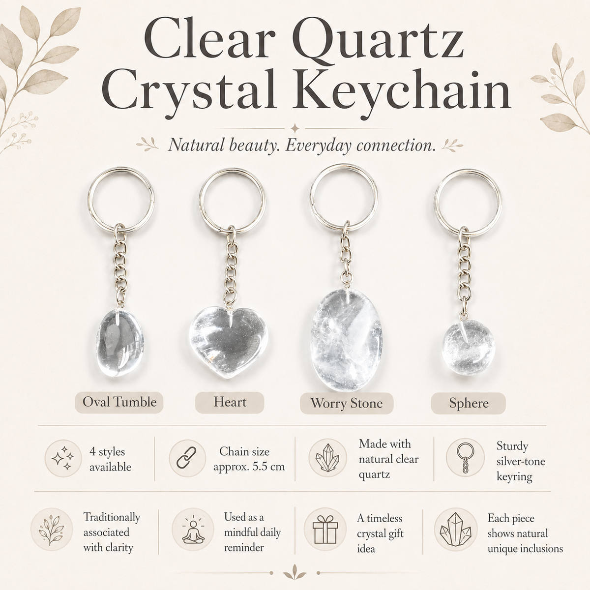Crystal Quartz Key Chain, Gemstone Keychain Crystal Key Ring (Dreams and Enhancing)
