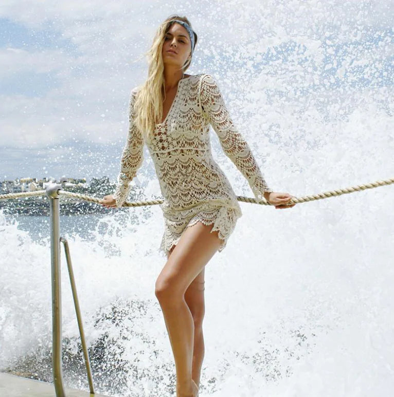 Lace Cover-Up, Long Sleeve Beach Dress, Sexy Sheer Top - Lingerie