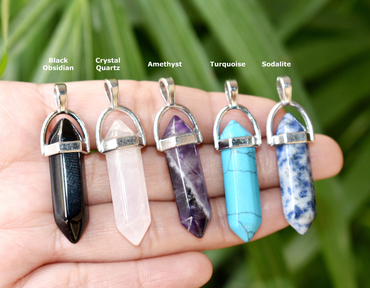 Polished Double Terminated Crystal Points Pencil Pendant Necklace