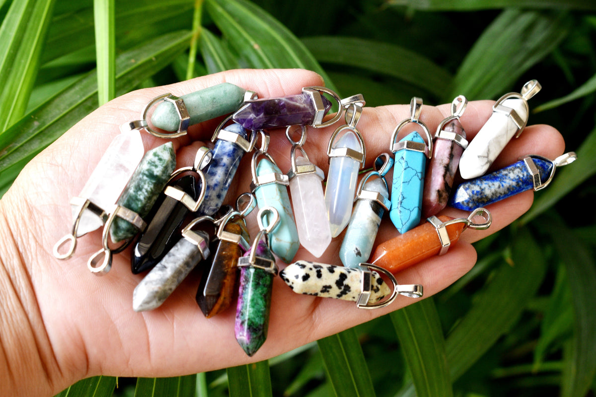 Polished Double Terminated Crystal Points Pencil Pendant Necklace