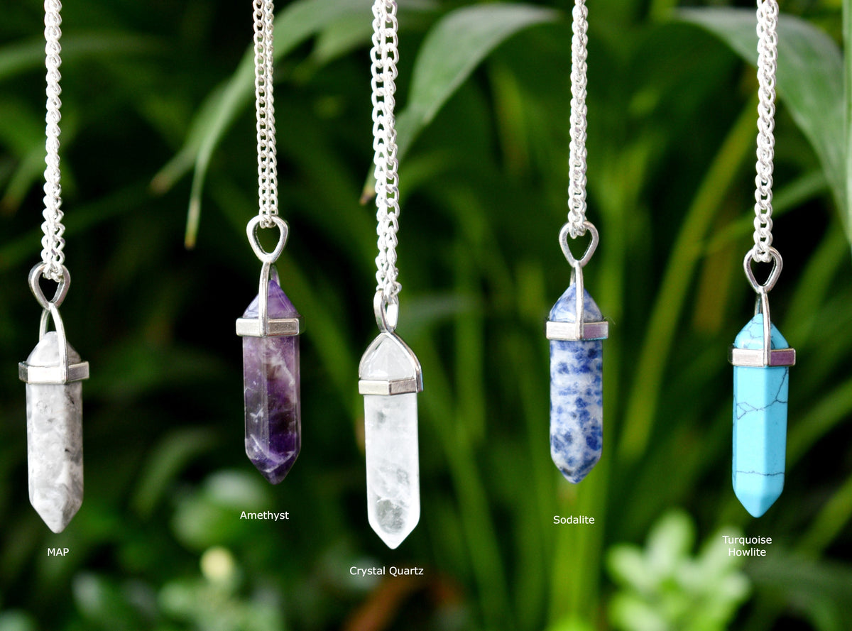 Polished Double Terminated Crystal Points Pencil Pendant Necklace