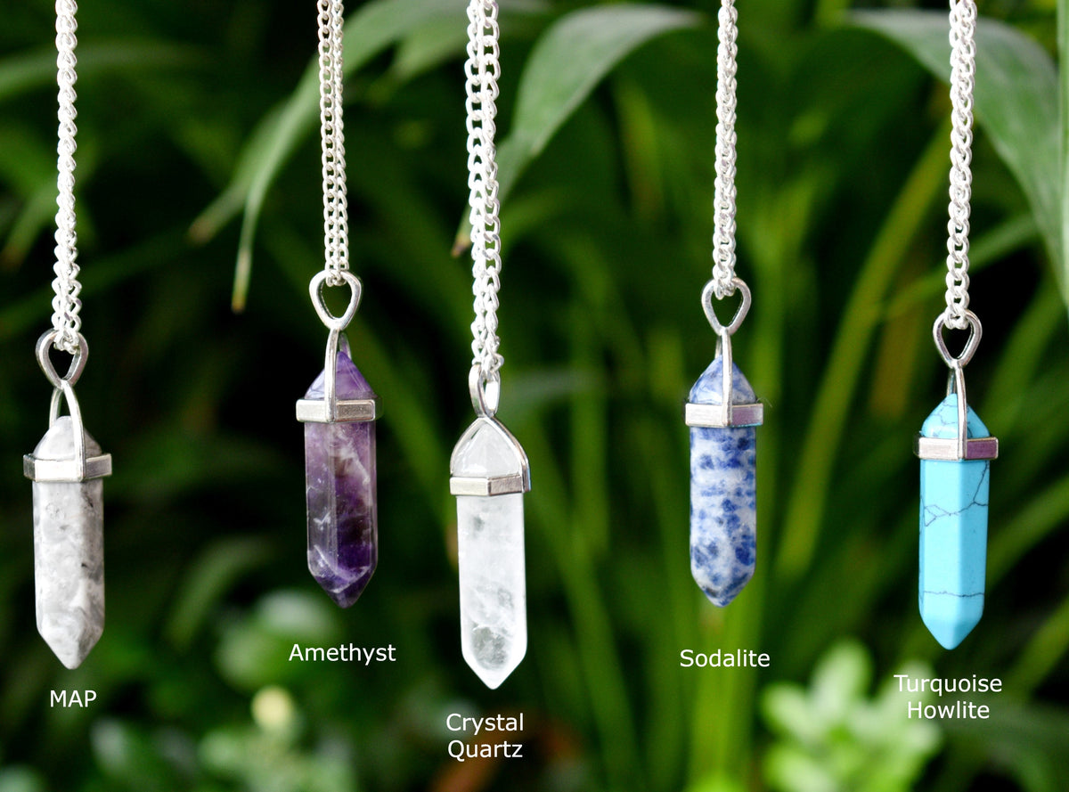 Polished Double Terminated Crystal Points Pencil Pendant Necklace