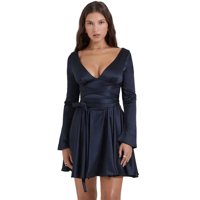 Fashionable V-Neck Backless Dress with Waist Tie - 888