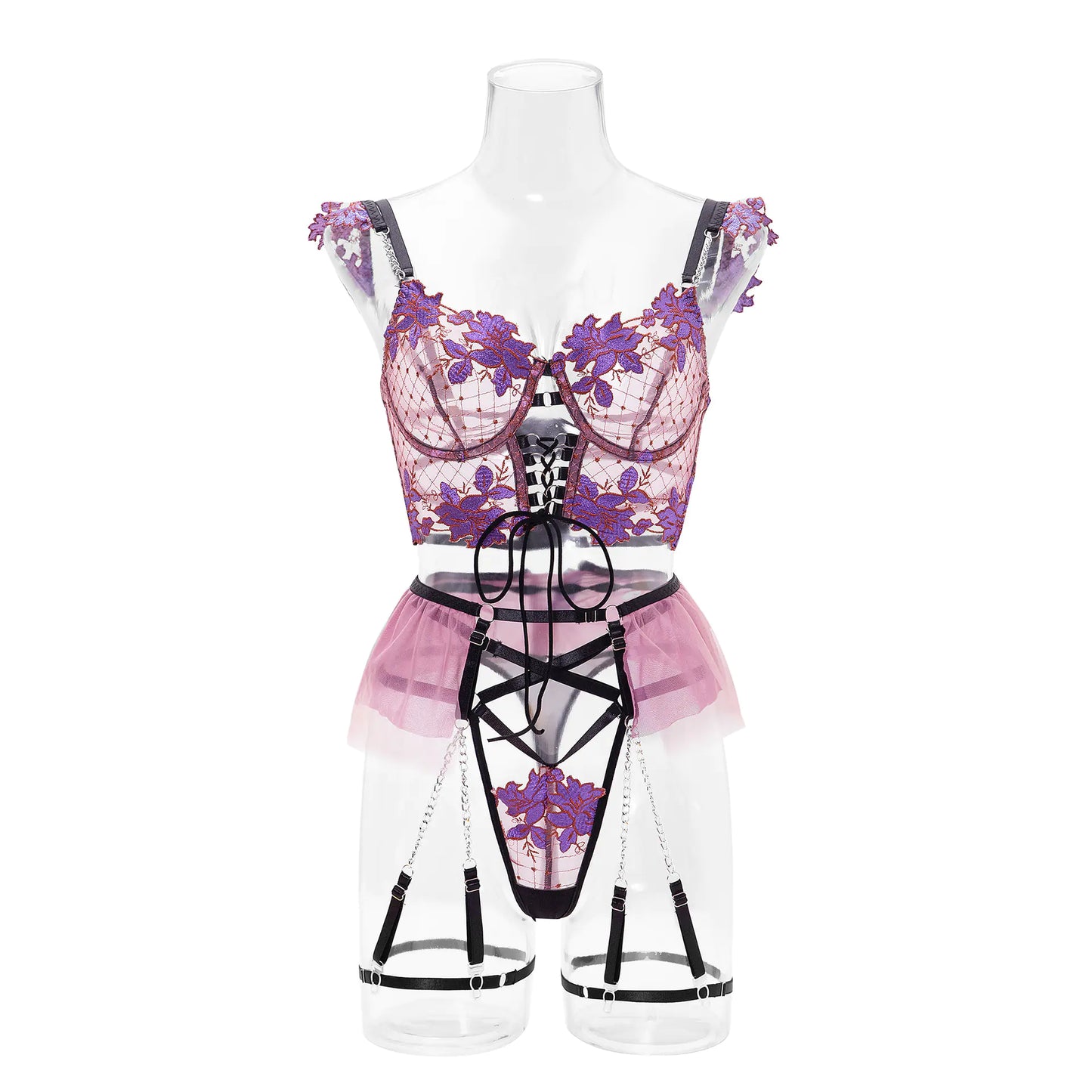 Floral Embroidery Lingerie Set with Chain Cami Top