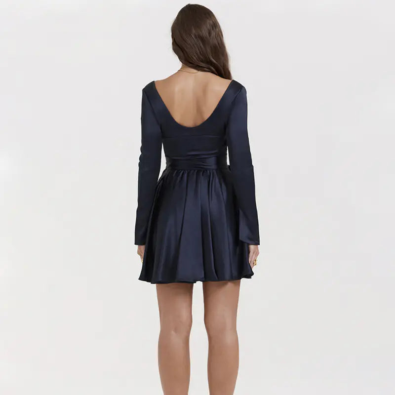 Fashionable V-Neck Backless Dress with Waist Tie - 888