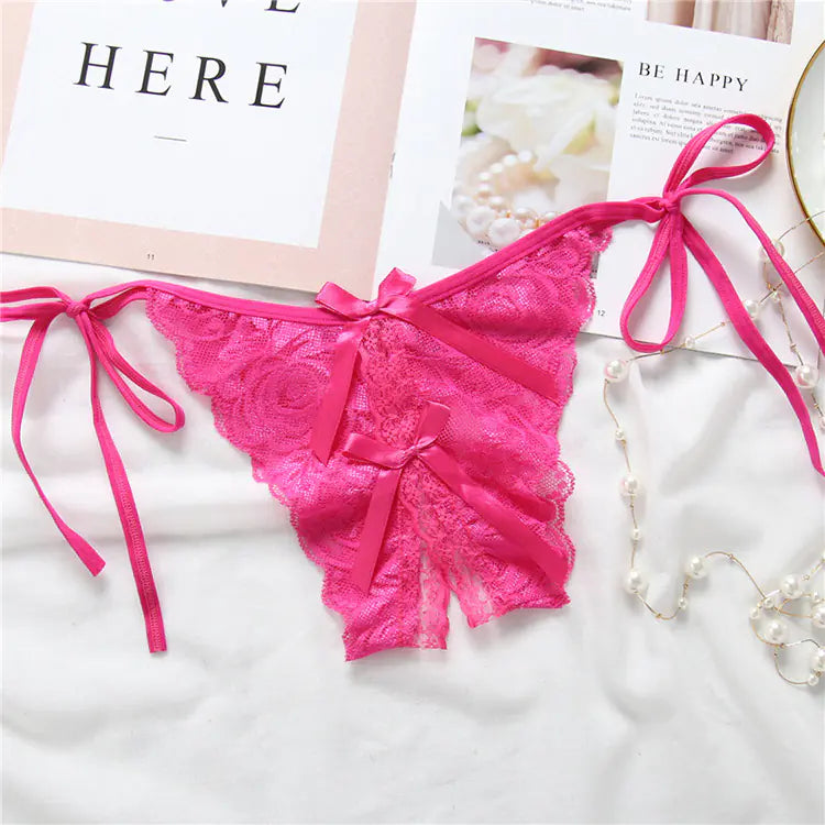 Lace-Trimmed Open-Crotch T-Back Panties for Women - Lingerie