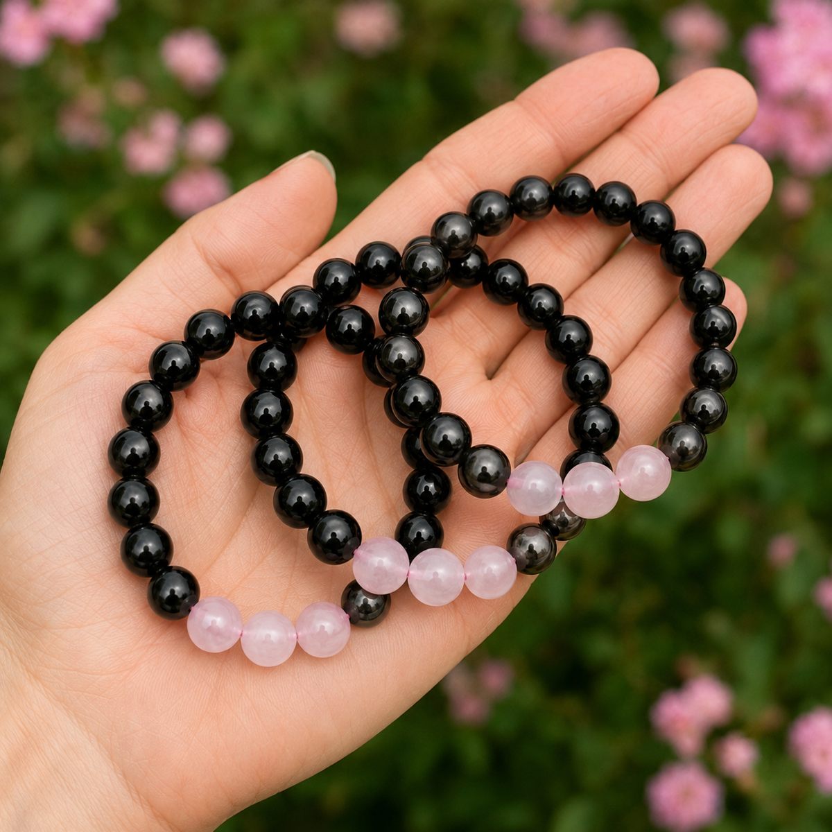 EMF Protection Crystal Bracelet, EMF Bracelet (Shungite Black, Rose Quartz)