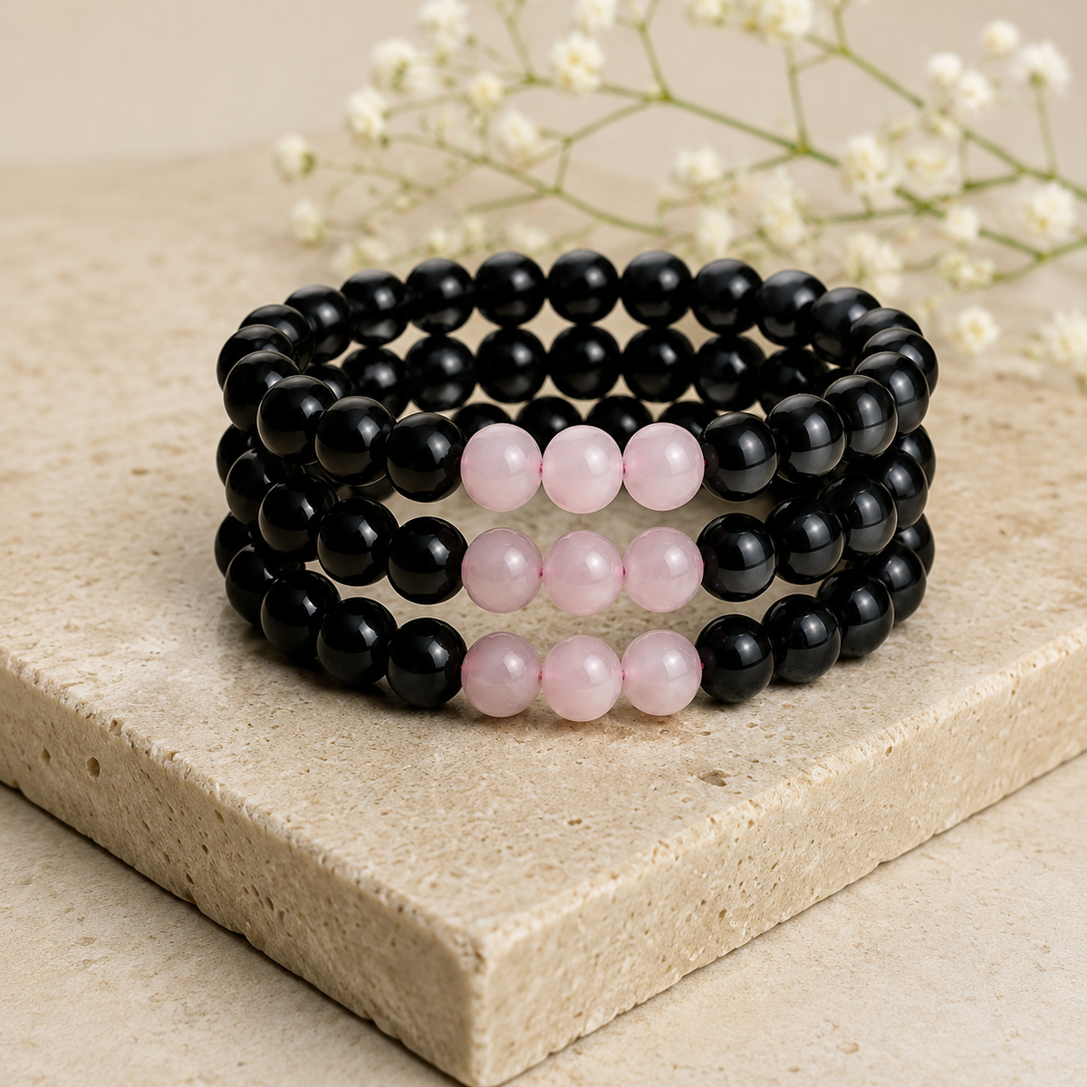EMF Protection Crystal Bracelet, EMF Bracelet (Shungite Black, Rose Quartz)