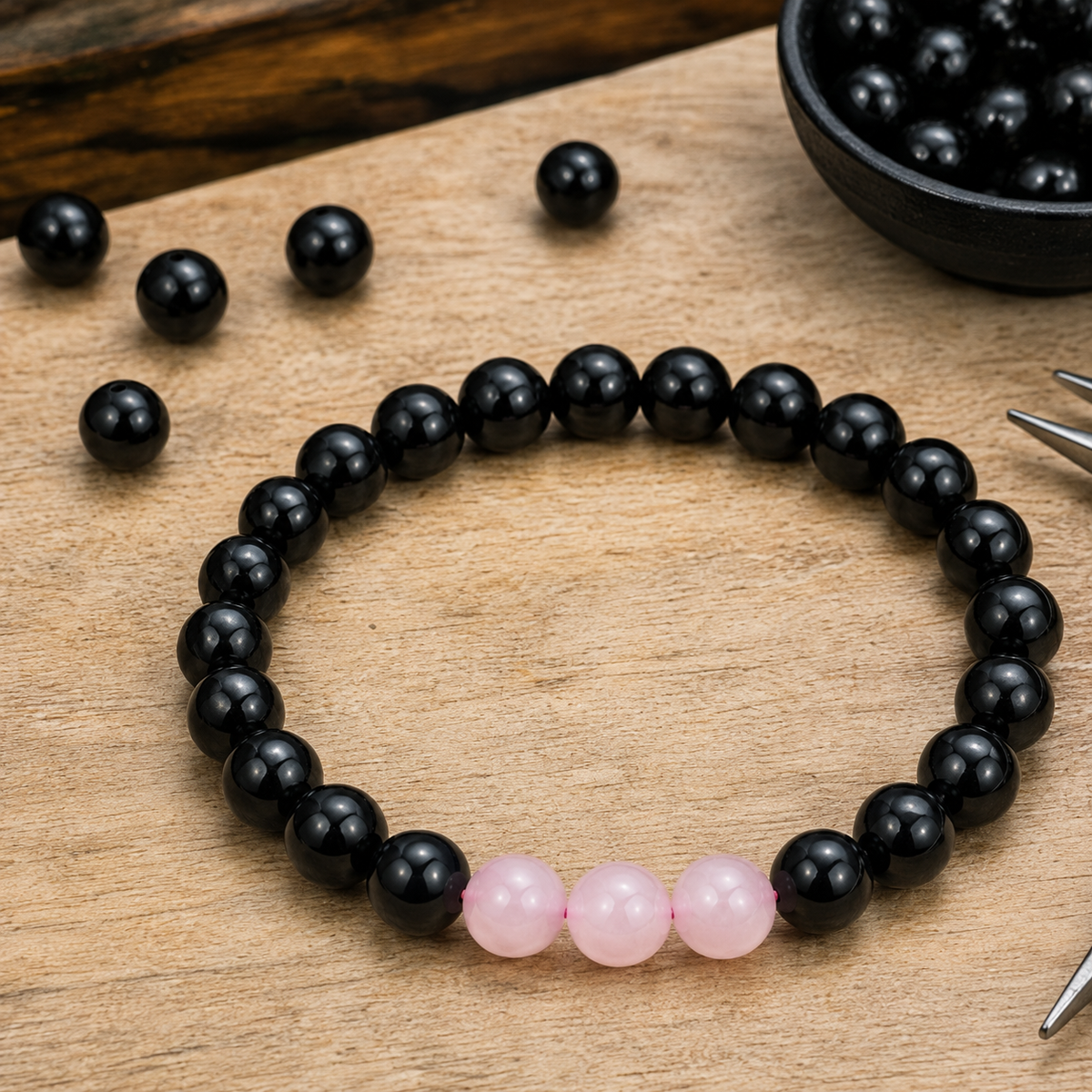 EMF Protection Crystal Bracelet, EMF Bracelet (Shungite Black, Rose Quartz)