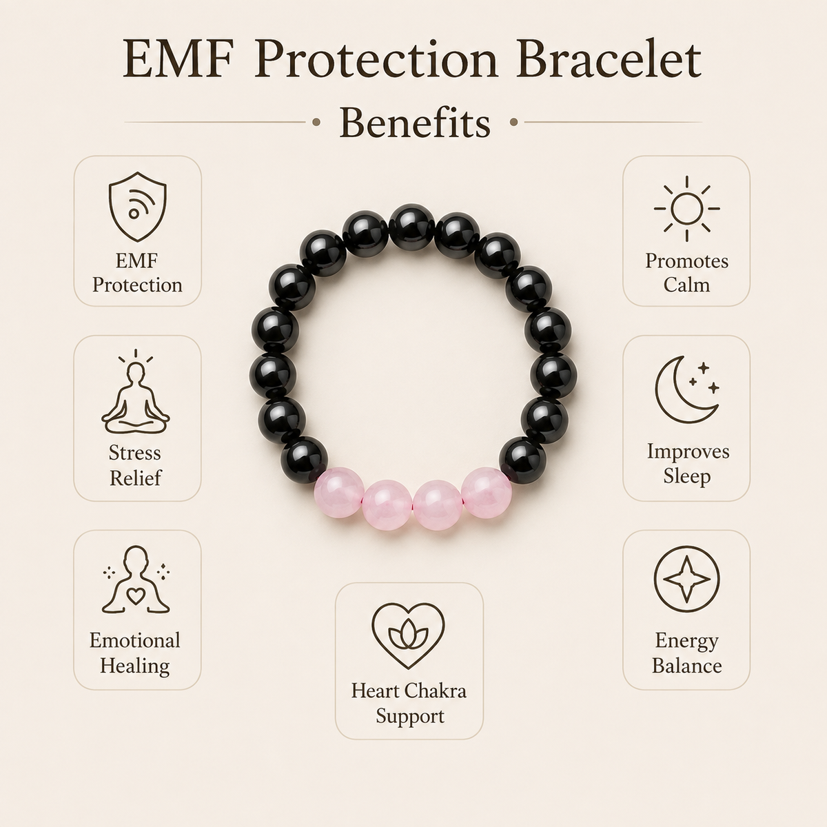 EMF Protection Crystal Bracelet, EMF Bracelet (Shungite Black, Rose Quartz)