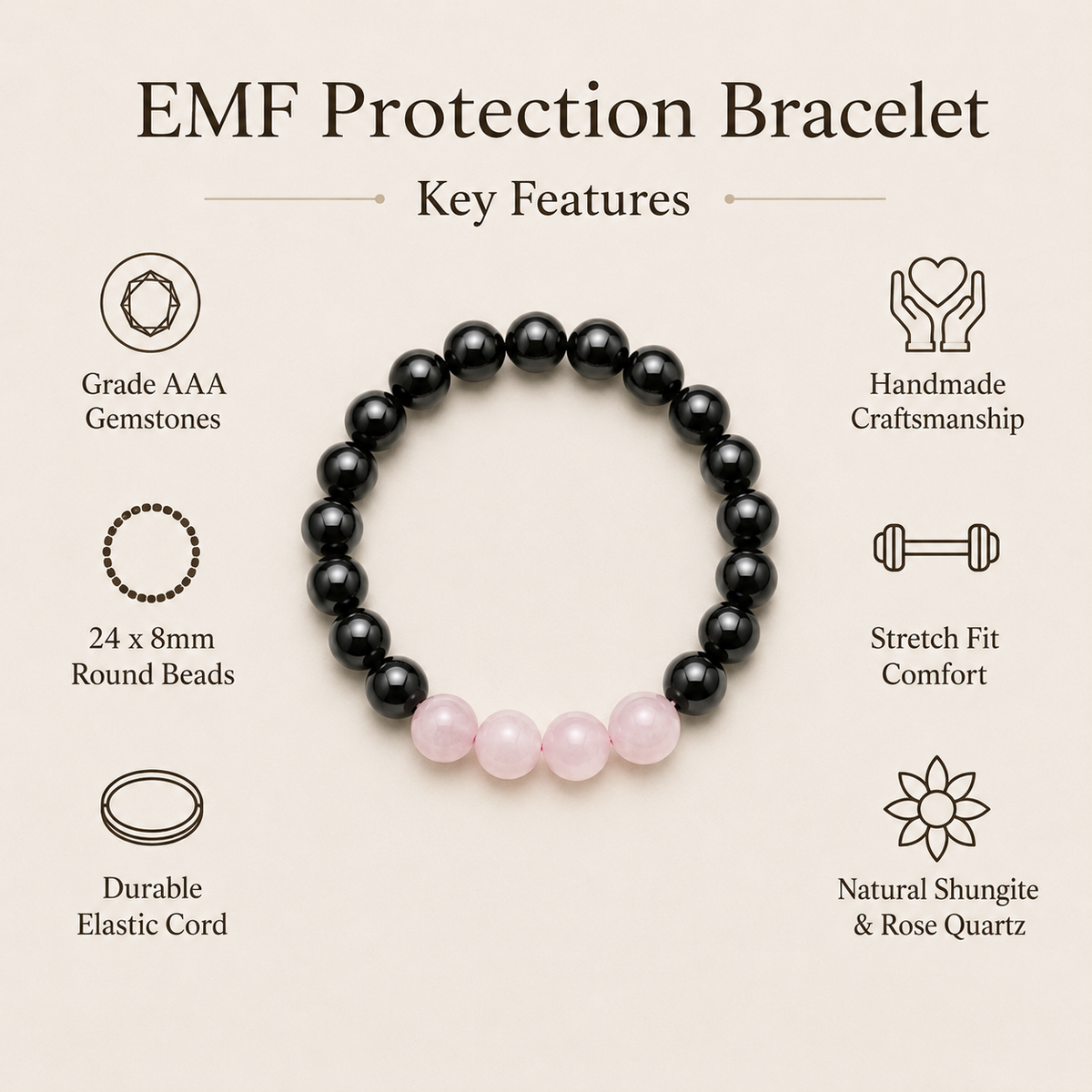 EMF Protection Crystal Bracelet, EMF Bracelet (Shungite Black, Rose Quartz)