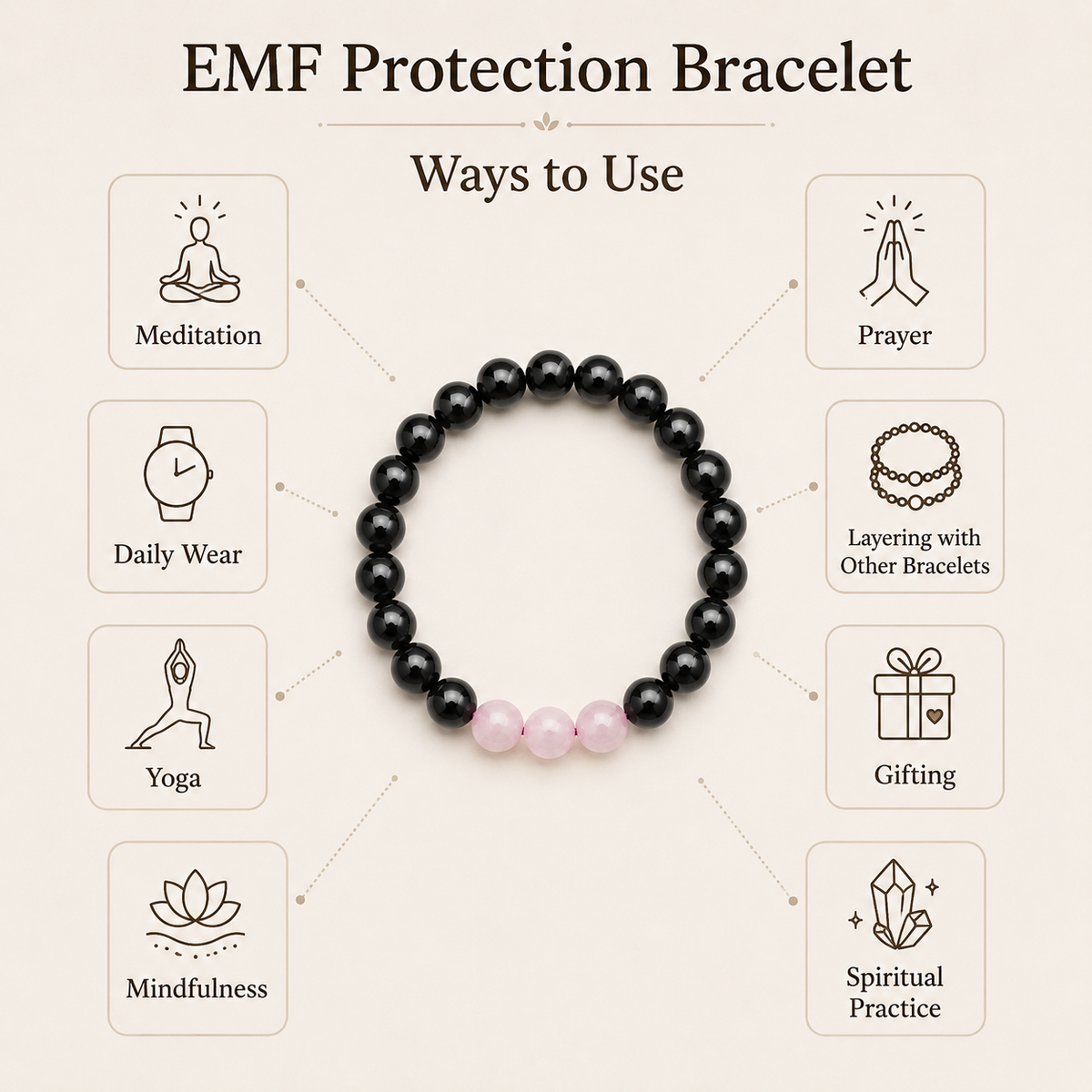 EMF Protection Crystal Bracelet, EMF Bracelet (Shungite Black, Rose Quartz)