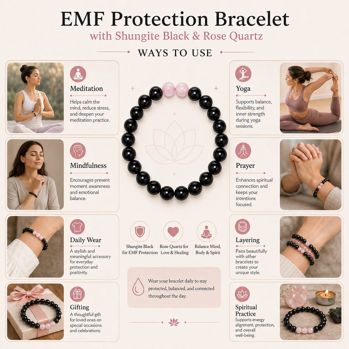 EMF Protection Crystal Bracelet, EMF Bracelet (Shungite Black, Rose Quartz)