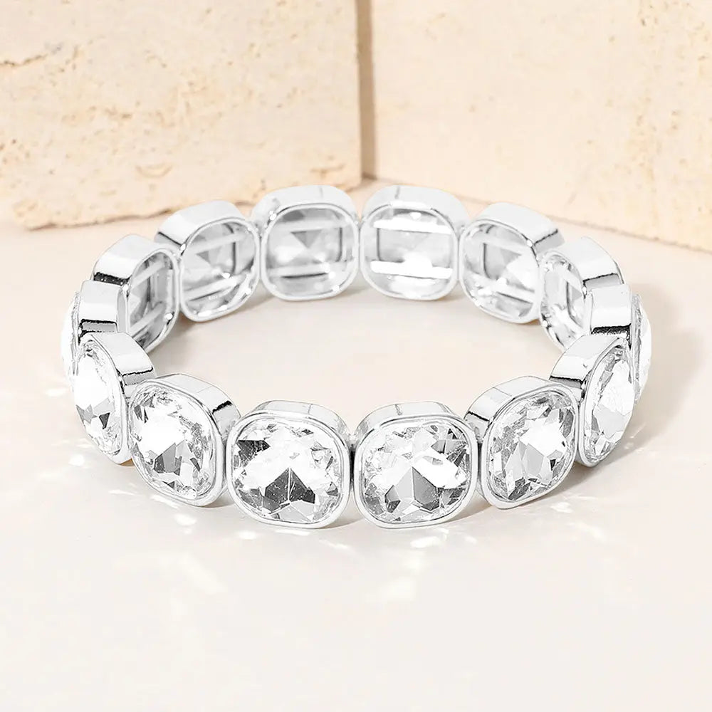 Square Cut Gem Beaded Stretch Evening Bracelet