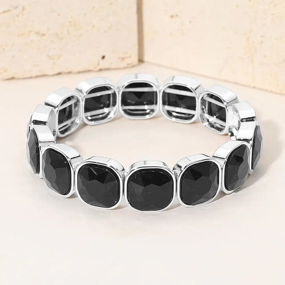 Square Cut Gem Beaded Stretch Evening Bracelet
